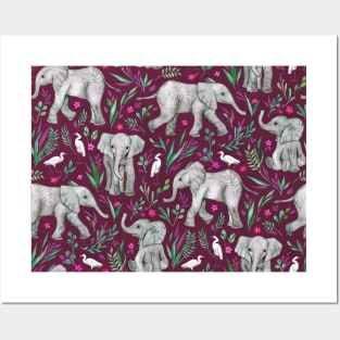 Baby Elephants and Egrets in Watercolor - burgundy red Posters and Art